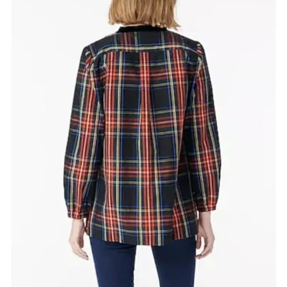 J.Crew‎ Plaid Tunic Top Small Black Red Velvet Trim Long Sleeve Preppy Classic